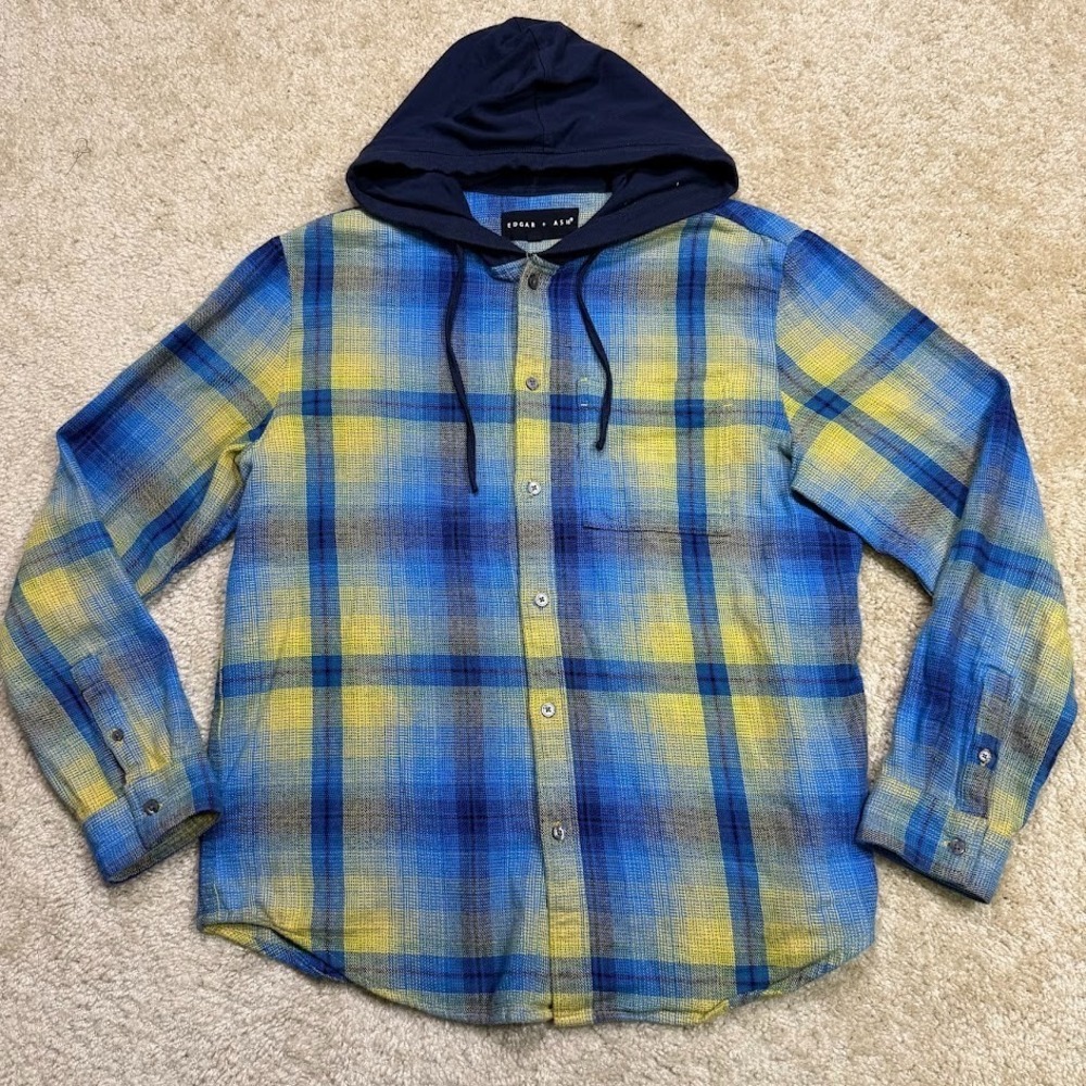 Edgar + Ash Hooded Flannel Shirt Mens Large Blue Yellow Plaid Streetwear